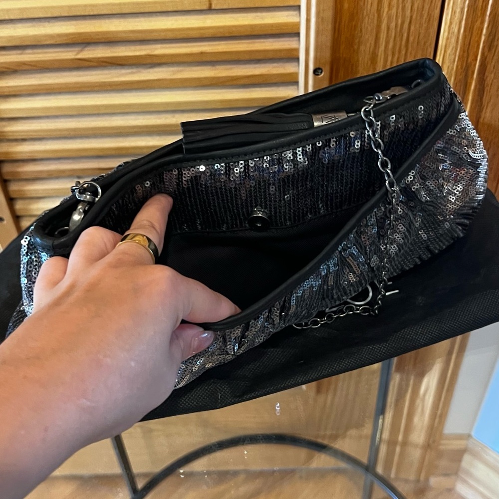 Rachel Zoe Black/Silver Sequin Clutch with Chain NWOT💎 - Picture 6 of 11